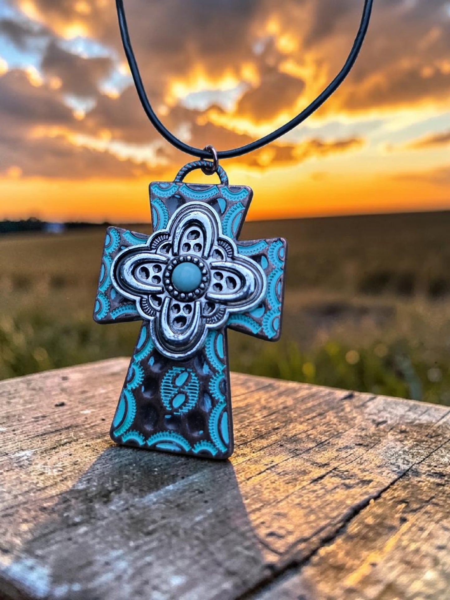 Western Turquoise and Silver Tone Cross Pendant Necklace