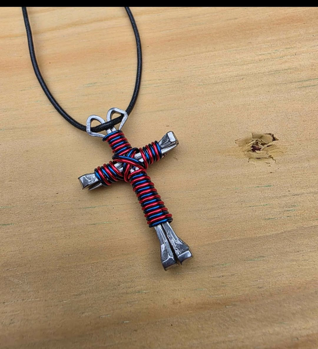 Horseshoe Nail Cross Necklace – Handmade Faith Cross on Adjustable Black Cord (14–28")
