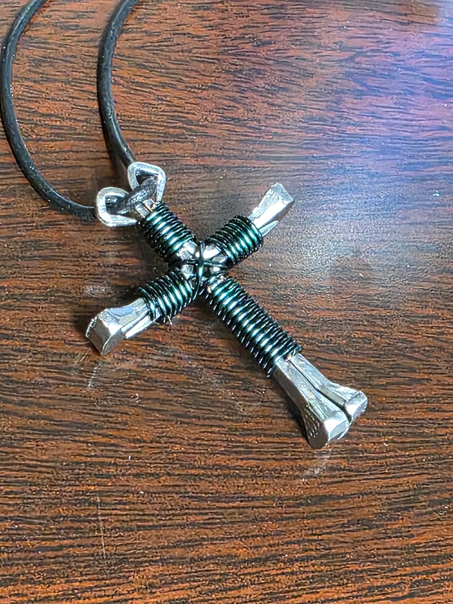 Horseshoe Nail Cross Necklace – Handmade Faith Cross on Adjustable Black Cord (14–28")