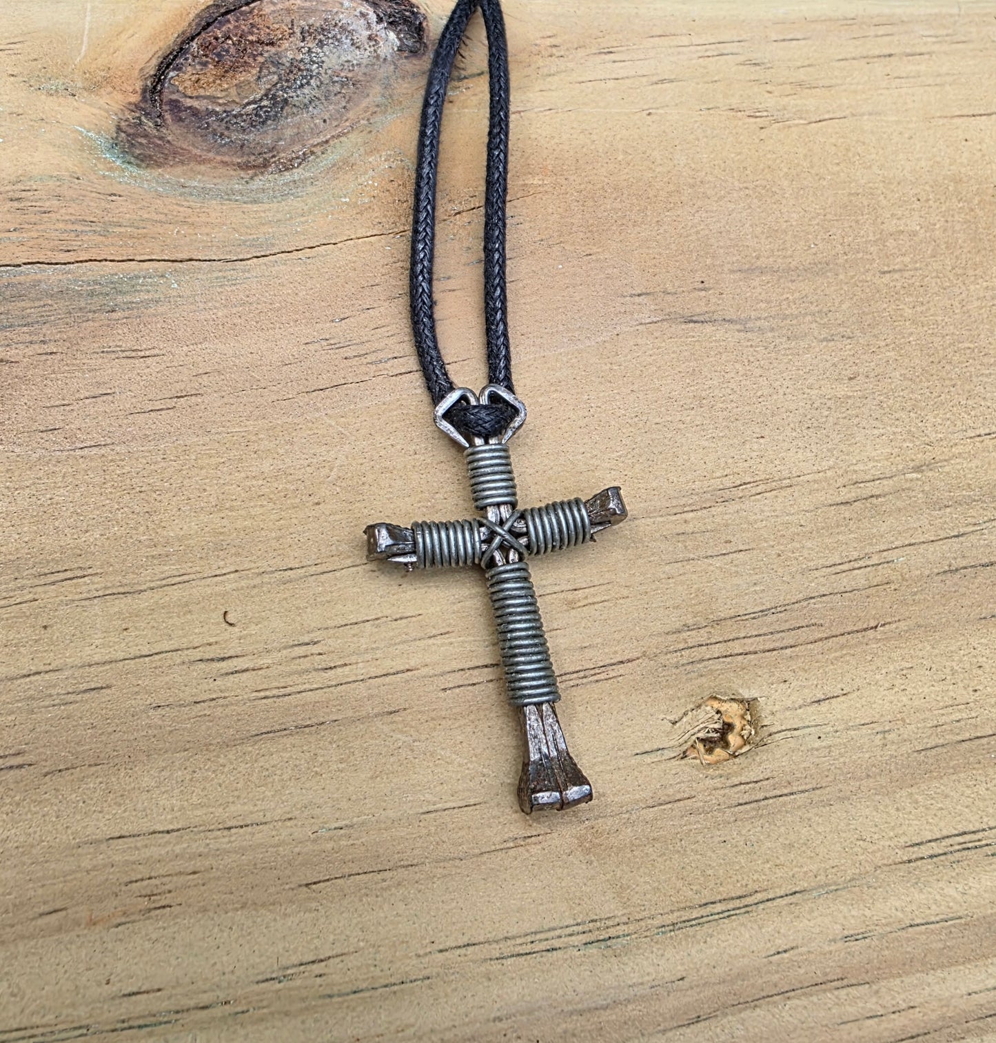 Horseshoe Nail Cross Necklace – Handmade Faith Cross on Adjustable Black Cord (14–28")