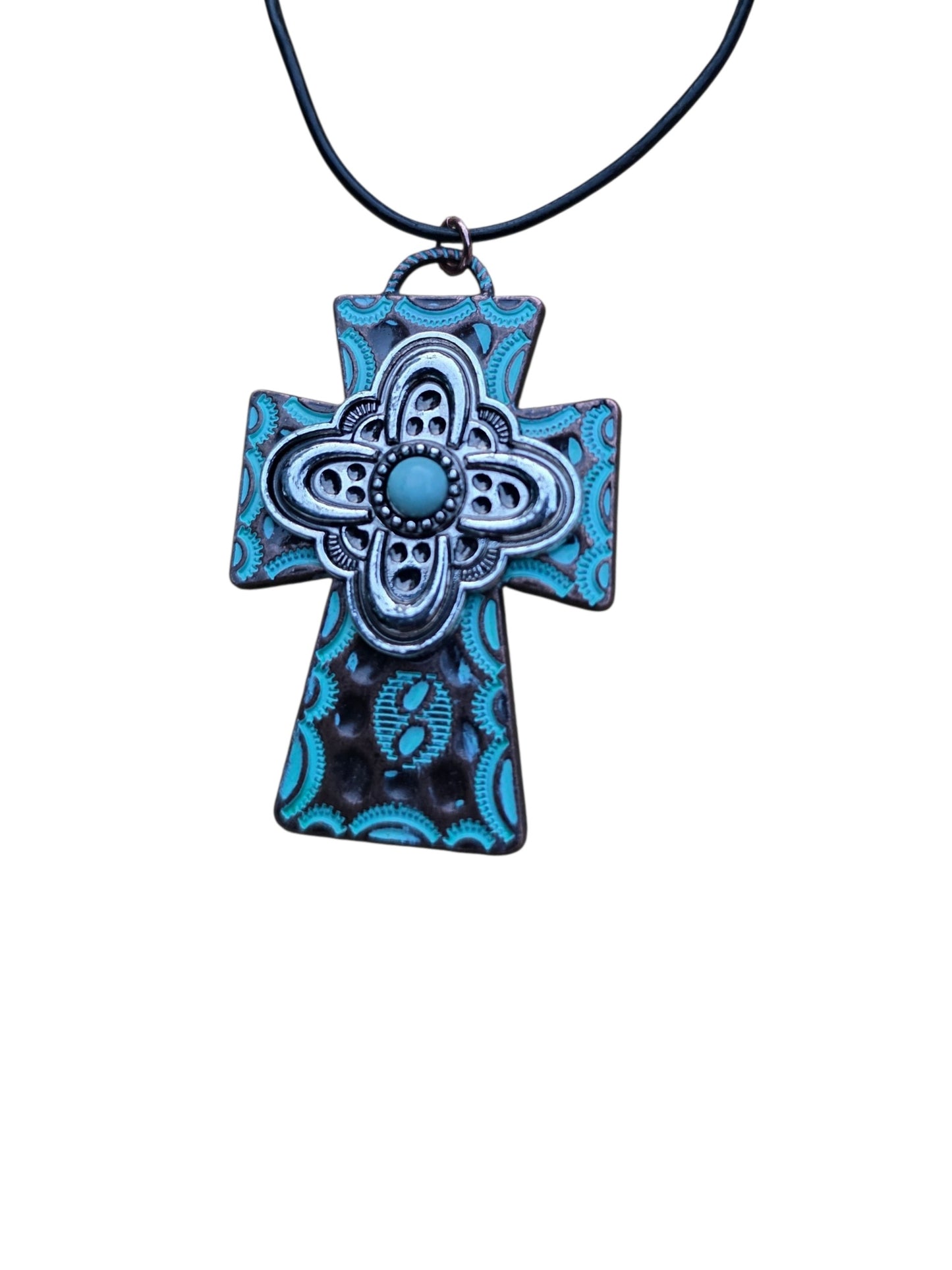 Western Turquoise and Silver Tone Cross Pendant Necklace