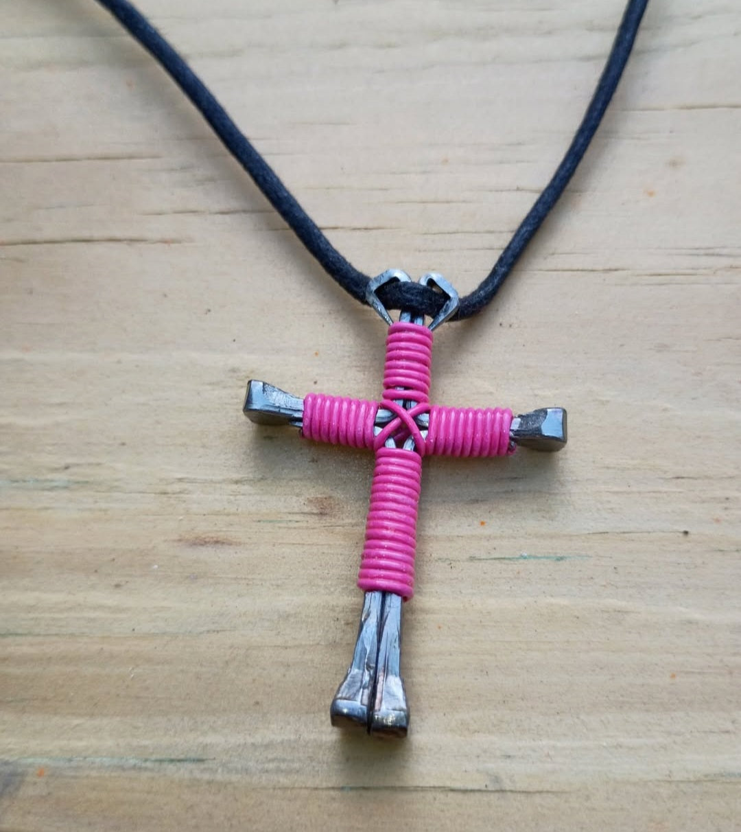 Horseshoe Nail Cross Necklace – Handmade Faith Cross on Adjustable Black Cord (14–28")