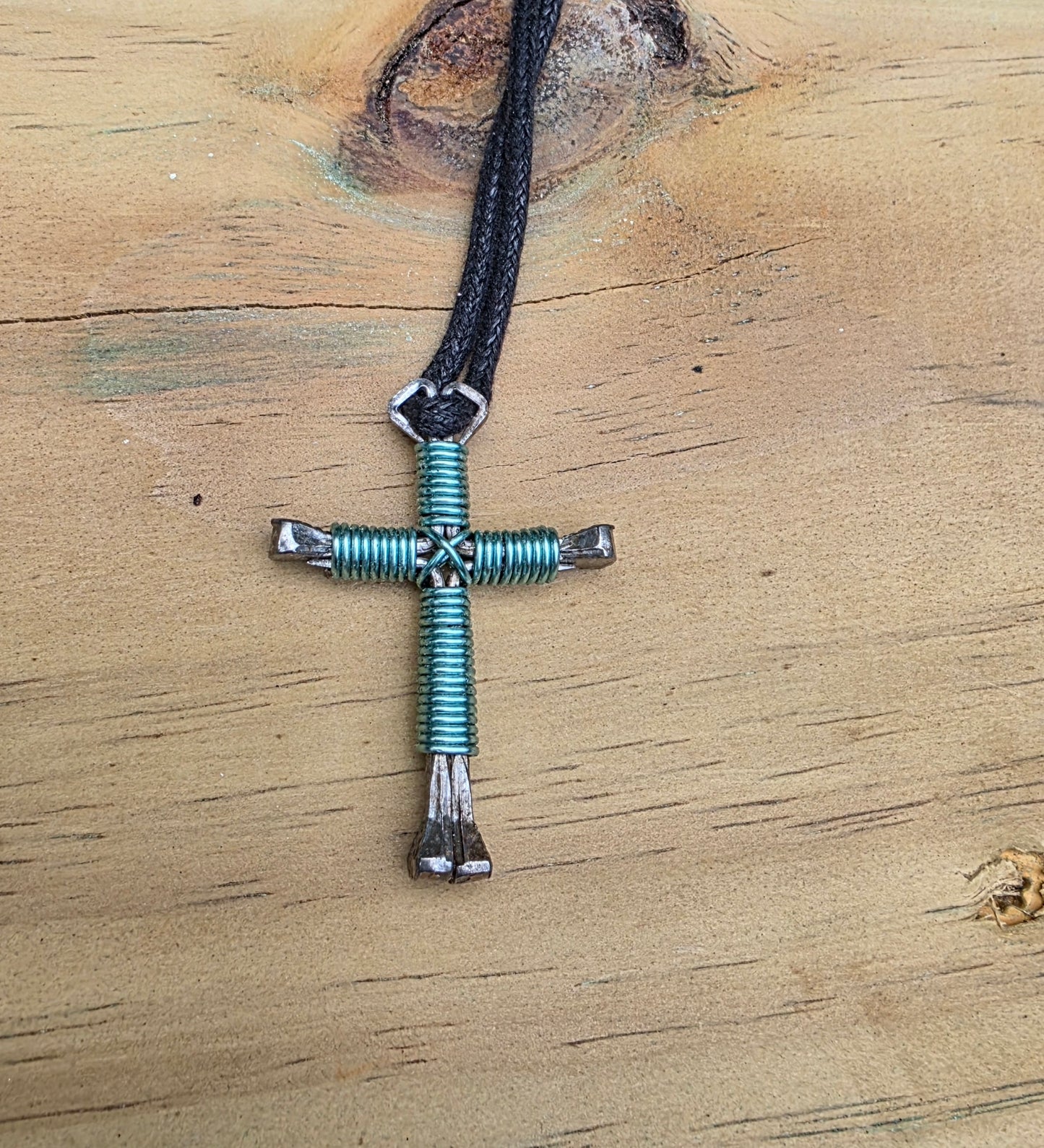 Horseshoe Nail Cross Necklace – Handmade Faith Cross on Adjustable Black Cord (14–28")