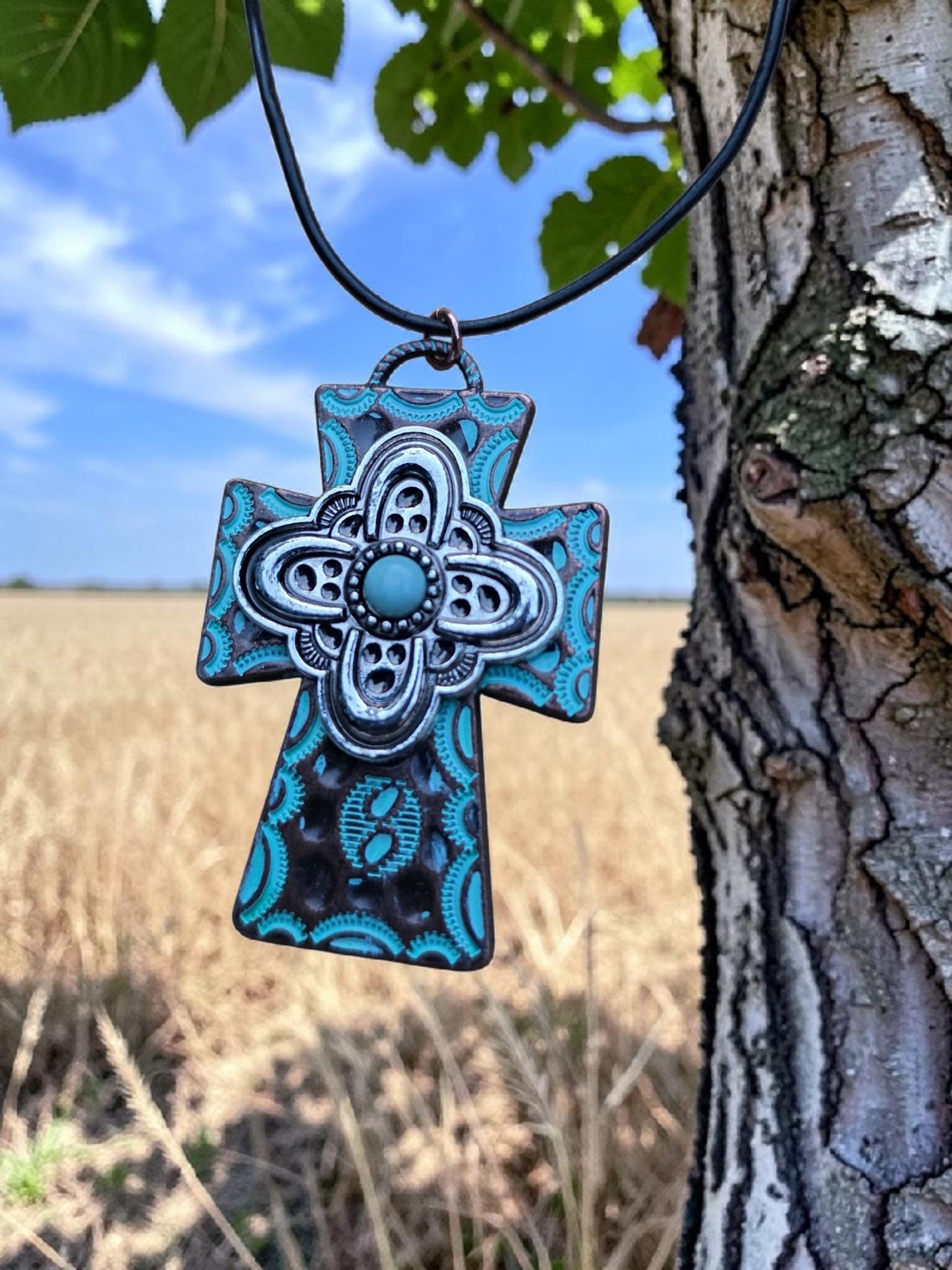 Western Turquoise and Silver Tone Cross Pendant Necklace