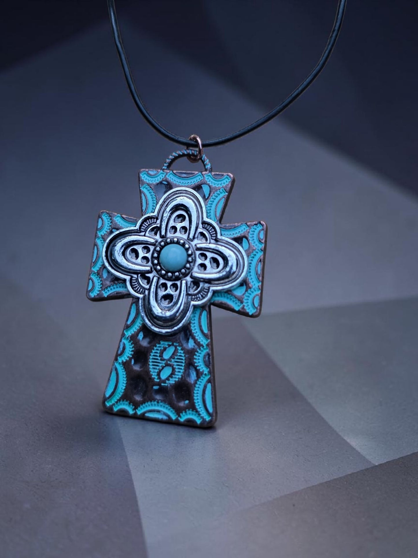 Western Turquoise and Silver Tone Cross Pendant Necklace