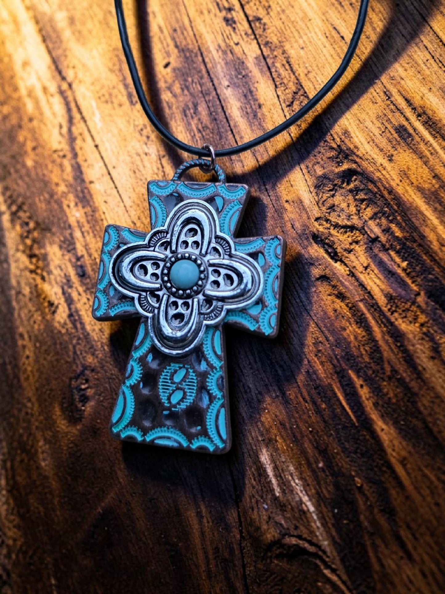 Western Turquoise and Silver Tone Cross Pendant Necklace