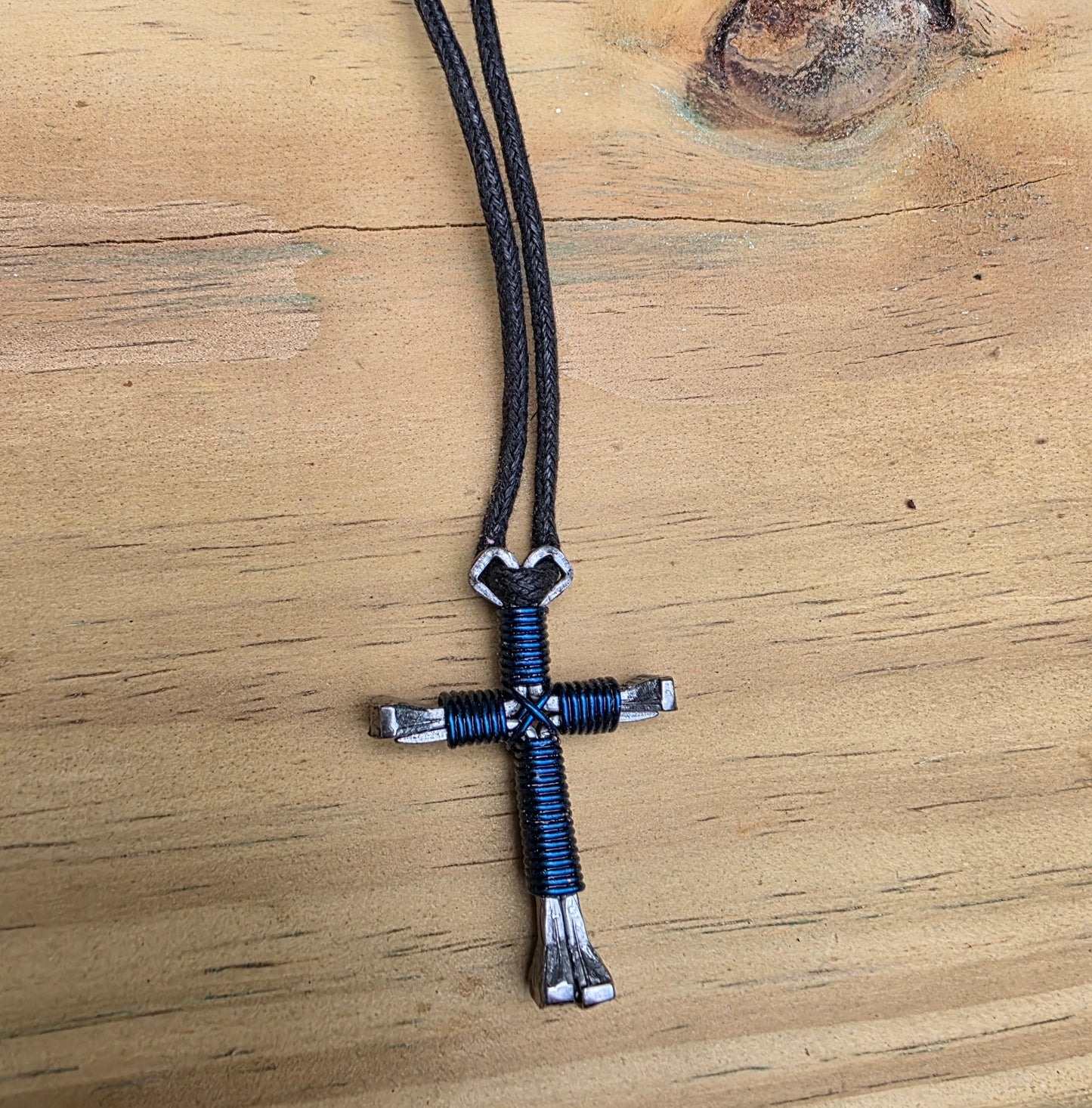 Horseshoe Nail Cross Necklace – Handmade Faith Cross on Adjustable Black Cord (14–28")