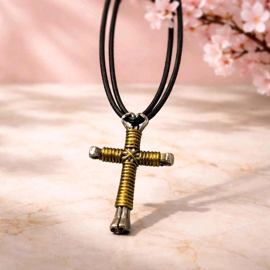 Horseshoe Nail Cross Necklace – Handmade Faith Cross on Adjustable Black Cord (14–28")